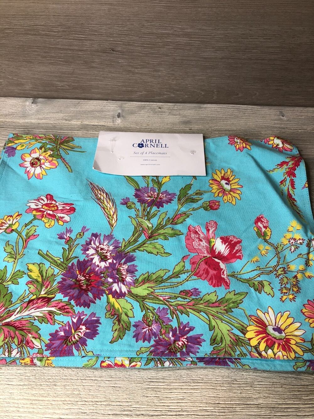 April Cornell Placemats Wildflower Aqua Turquoise Blue 14x 19" 100% COTTON 4 Pcs